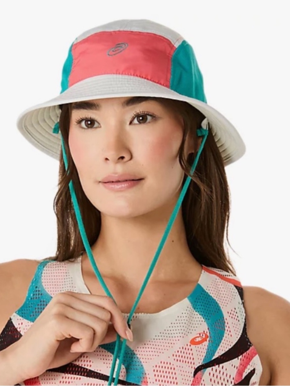 ASICS Teal and Coral Wide-Brim Bucket Hat with Chin Cord